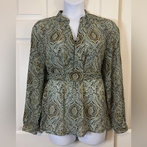 Lane Bryant Print Self-Belted Blouse Size 22/24 Women’s Plus Green, Black, Gold.